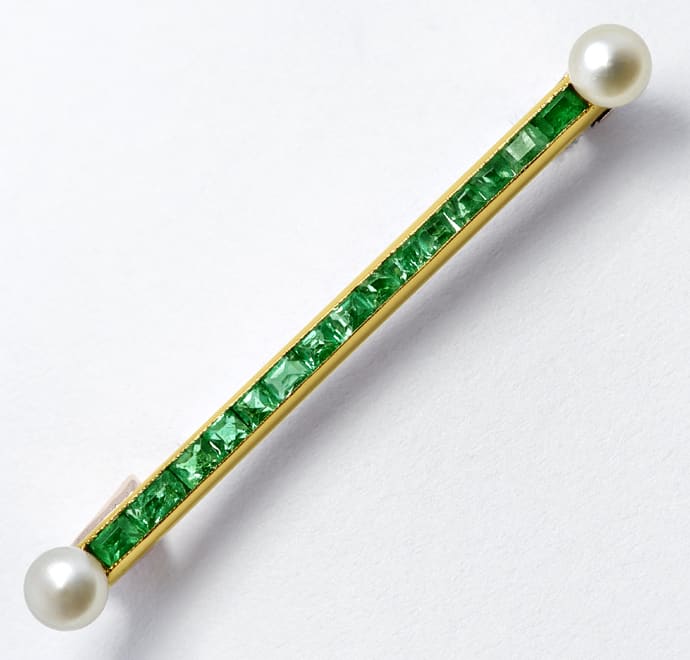 Foto 1 - Art-Deco Stab-Goldbrosche Smaragde und Perlen, R1208